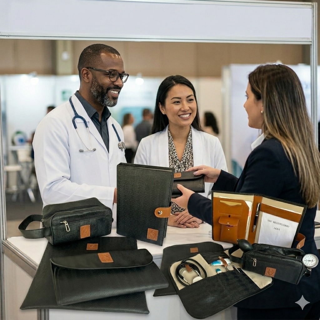 Médico e médica recebendo kit de organizadores profissionais em couro preto em stand de evento